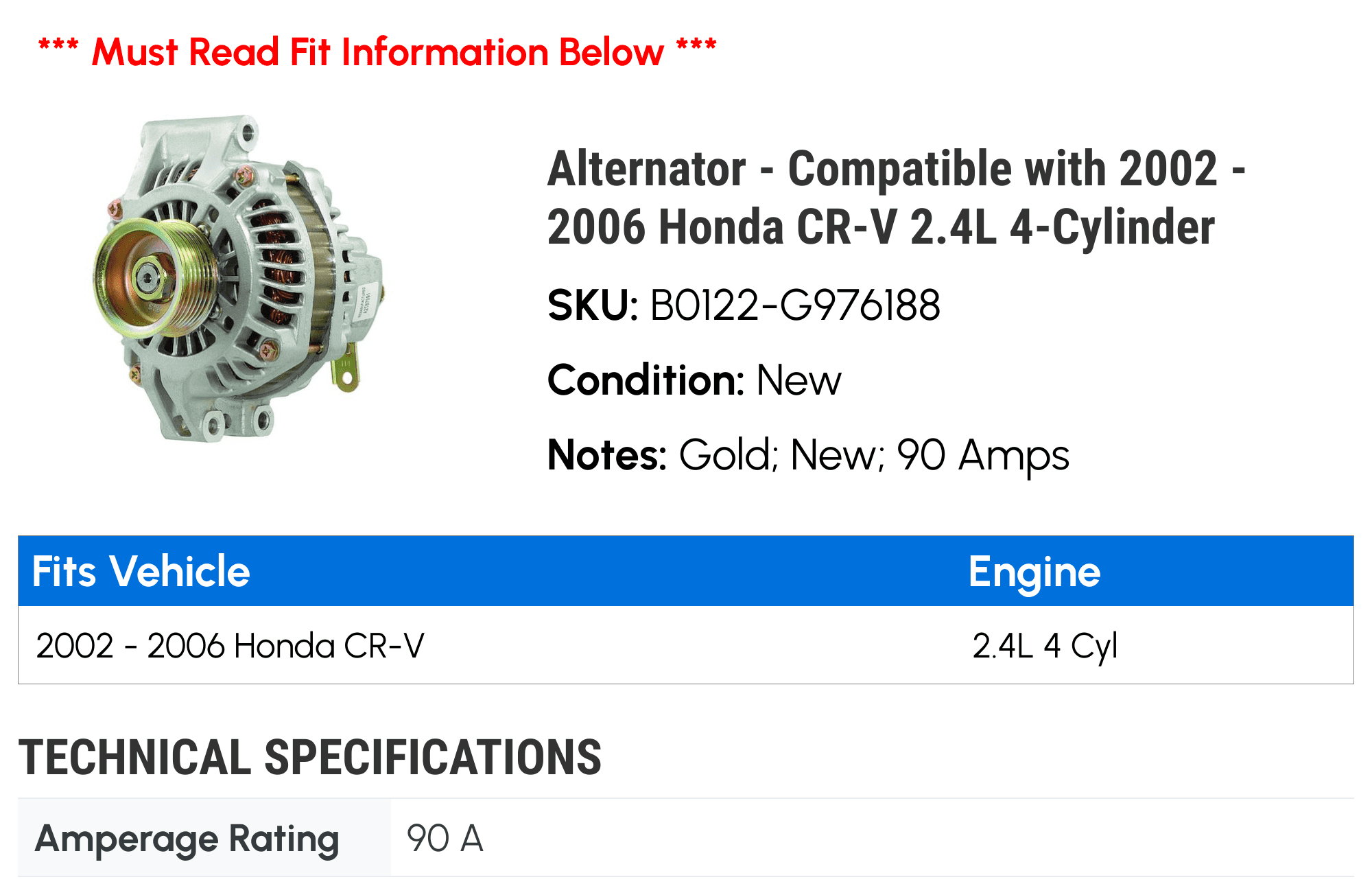 Alternator - Compatible with 2002 - 2006 Honda CR-V 2.4L 4-Cylinder 2003 2004 2005