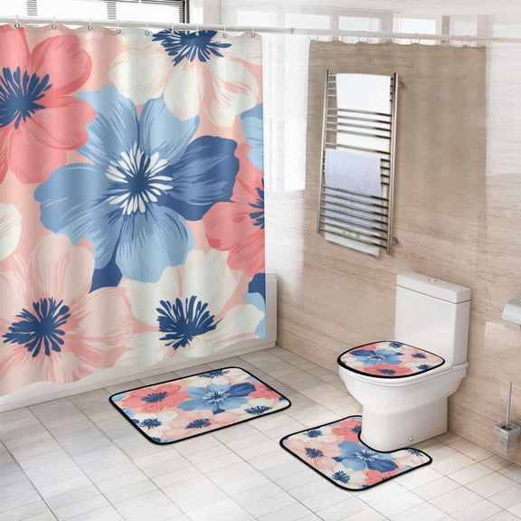 4-Piece Bathroom Set with Waterproof Shower Curtain with Non-Slip Bath Mat, U-Shaped Mat & Toilet Lid Cover Pink and Blue Large Flowers