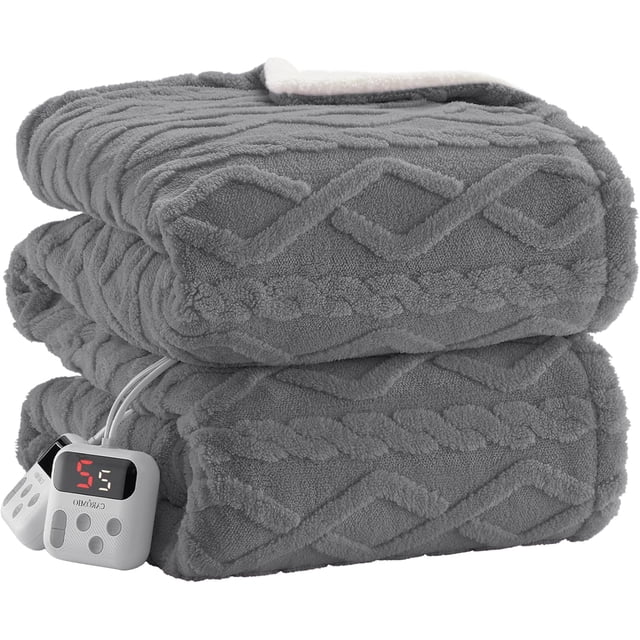 Ourlova 50 Inch x 60 Inch Machine Washable Dual Control Electric Blanket with Premium and Stylish Thick Tufted Sherpa and Enhanced Heating System Throw Size Gray