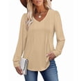 thumbnail image 3 of WIHOLL Womens Long Sleeve Shirts Pleated V Neck Curved Hem Fall Winter Tunic Tops Blouses Beige Shirts, 3 of 8