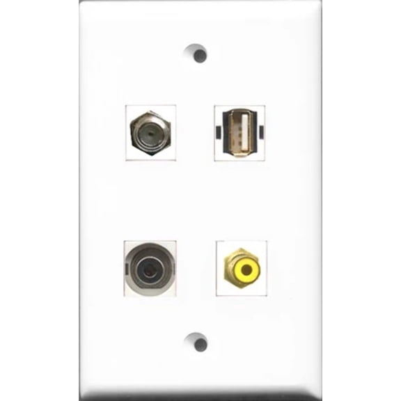 RiteAV 1 Port RCA Yellow and 1 Port Coax Cable TV- F-Type and 1 Port USB A-A and 1 Port 3.5mm Wall Plate
