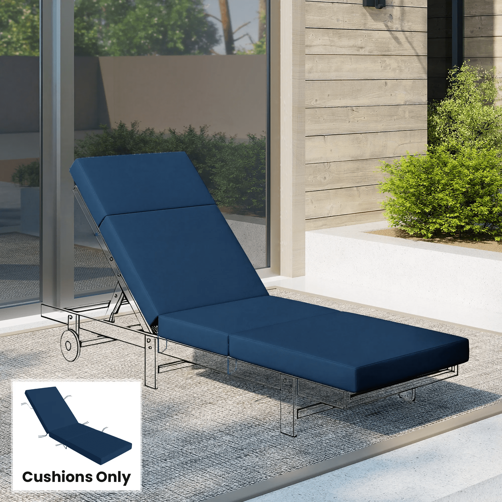 Chaise Lounge Cushion, 3.9" Thick Outdoor Lounge Chair Cushions with Ties for Patio, 21" x 72", Navy Blue