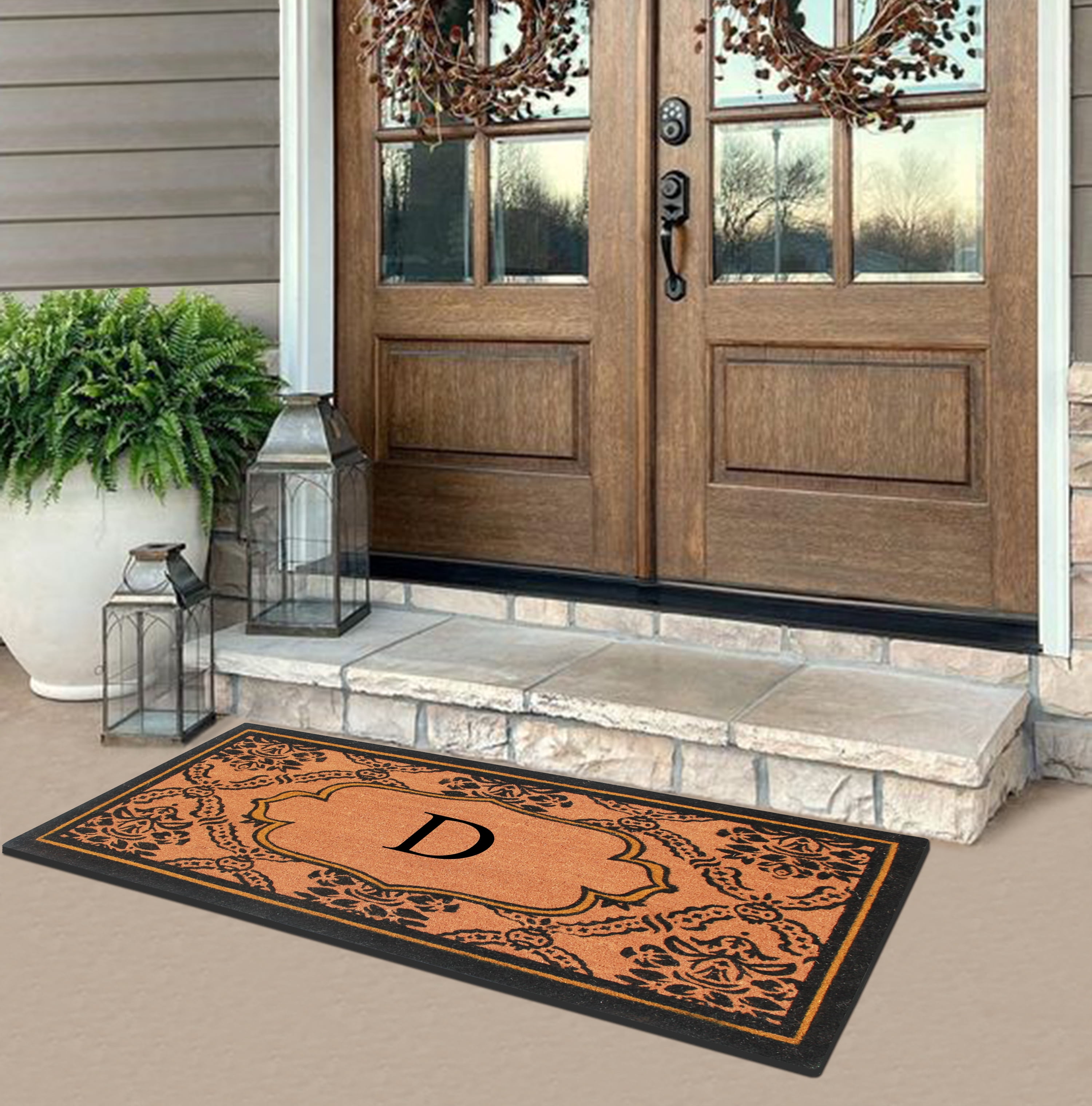 A1HC Natural Coir and PVC Monogrammed Floral Design Door Mat, 30" x 60", Anti-Shed Treated Durable Heavy Duty Front Door Mat for Outdoor Entrance