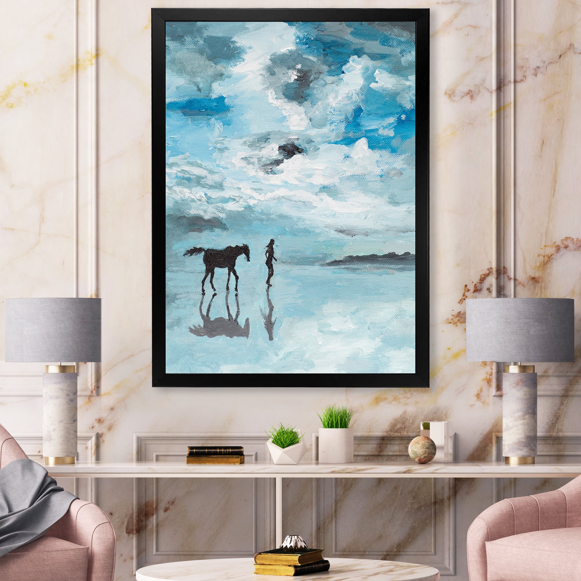 Designart 'Peaceful Scene Of Horse and Man Running By The Water' Farmhouse Framed Art Print