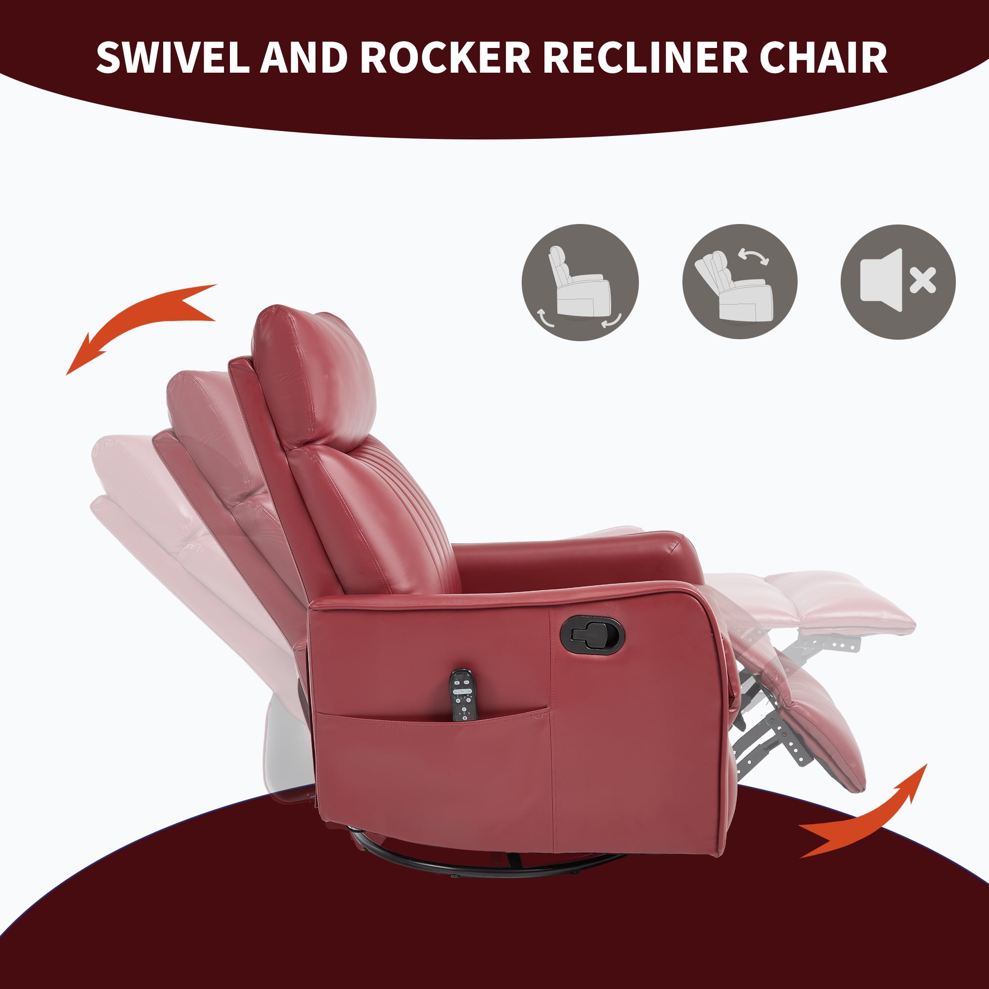 Gewnee 360° Swivel Rocking Recliner with Massage & Heat, Adjustable Reclining Angle, for Living Room & Office，Red