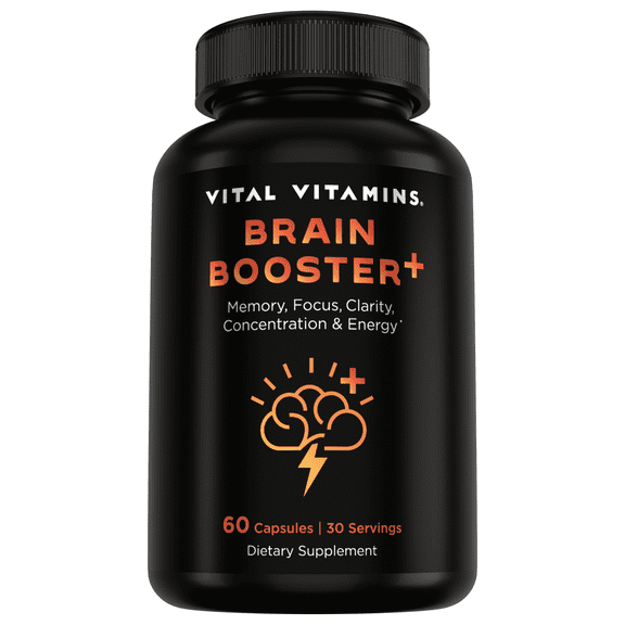 Vital Vitamins Brain Booster  Nootropic Supplement with Lion’s Mane & Ginkgo for Focus, Memory, Clarity & Energy – 60 Capsules