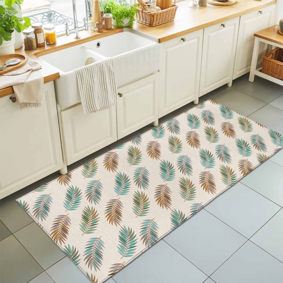Hallway Runner Rug 2'x6', Teal Brown Palm Leaf Kitchen Runner Rugs Non-Slip Carpet Mats, Summer Botanical Tropical Rustic Bedside Rugs Runners Washable Floor Carpet for Bathroom Laundry Room