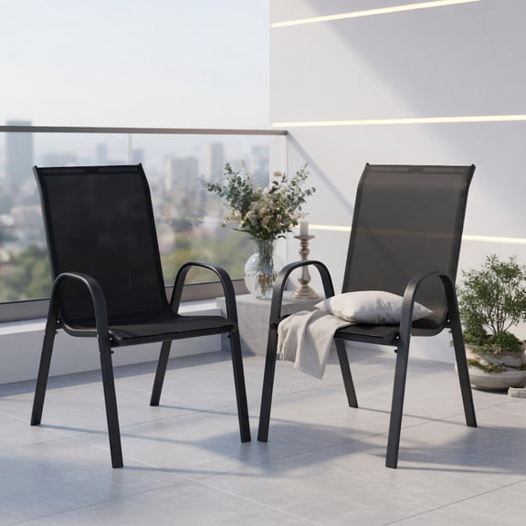 Spaco Set of 2 Stackable Outdoor Patio Dining Chairs, Heavy Duty Weatherproof Yard Armchairs for Deck Bistro, Black