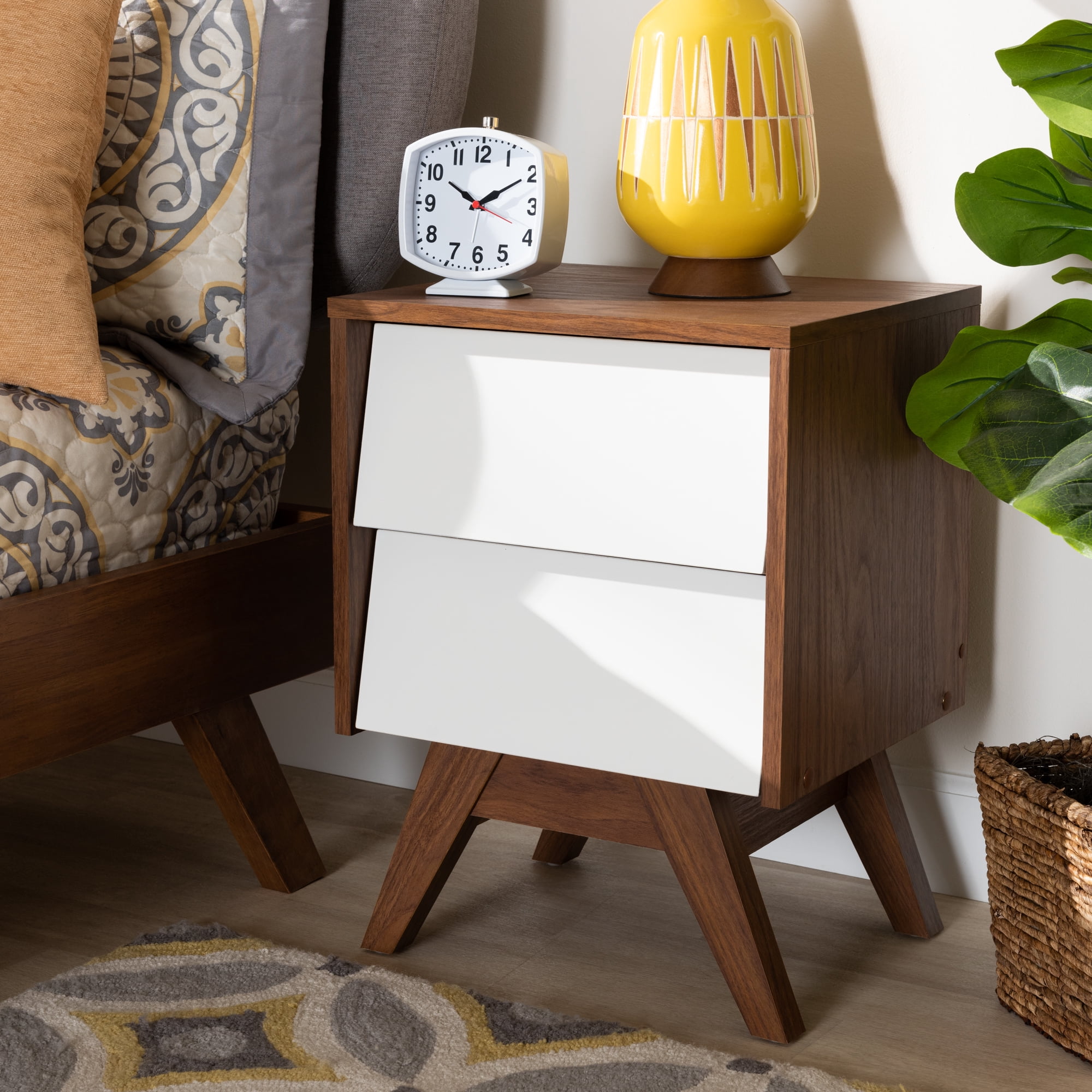 Halfrida Mid-Century Modern White and Walnut Wood 2-Drawer Storage Nightstand by Bellamy Studios