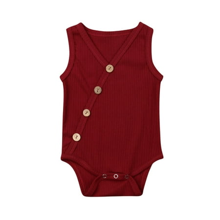 

Gueuusu Baby Summer Romper Solid Color Ribbed Sleeveless V-Neck Decor Buttons