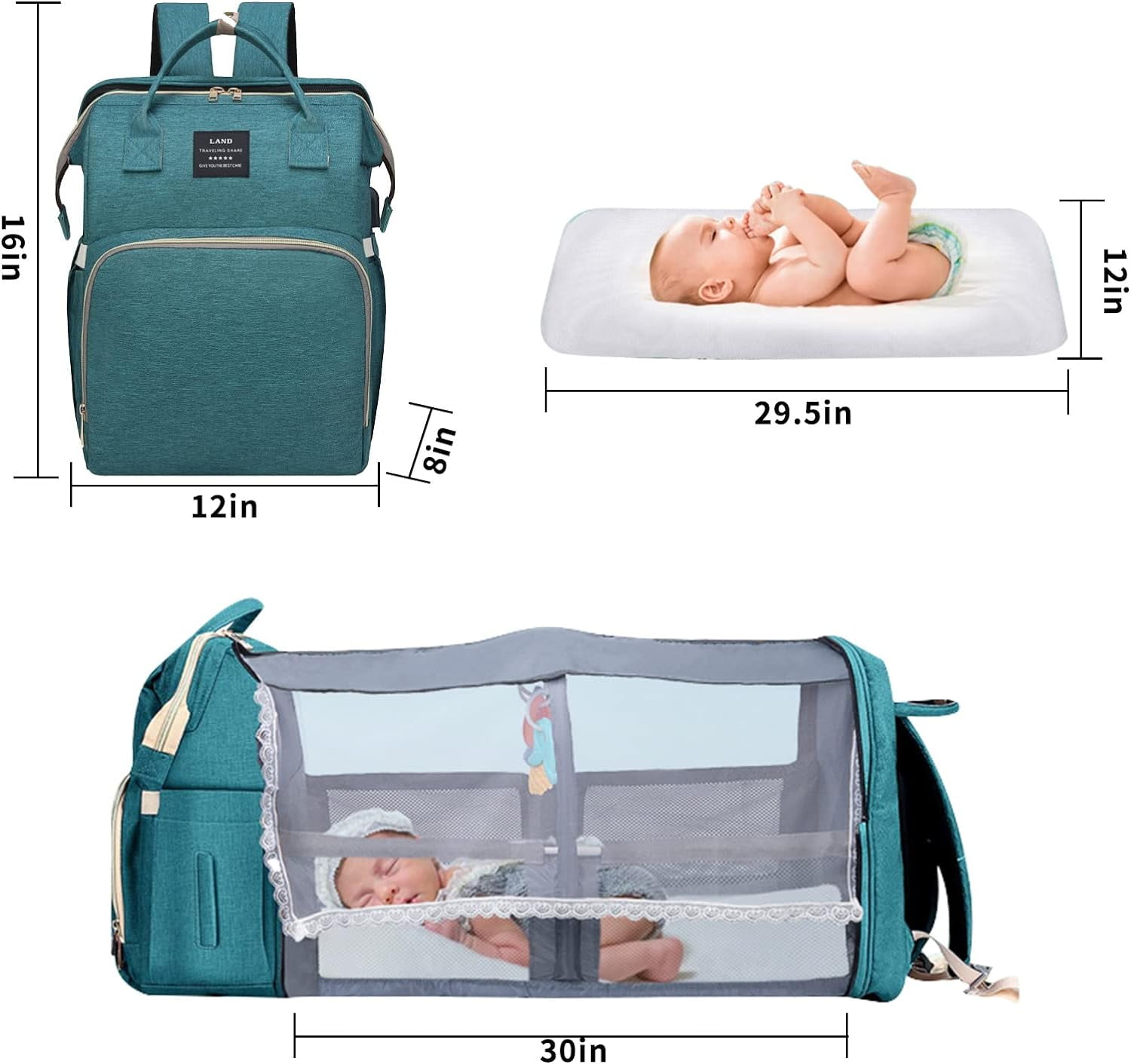 Diaper Bag Backpack, Multifunctional Baby Changing Bag with Foldable Crib & Insulated Milk Bottle Pockets, Large Capacity Portable Travel Backpack with USB Charging Port, Nappy Bag for MomsDads(Green)
