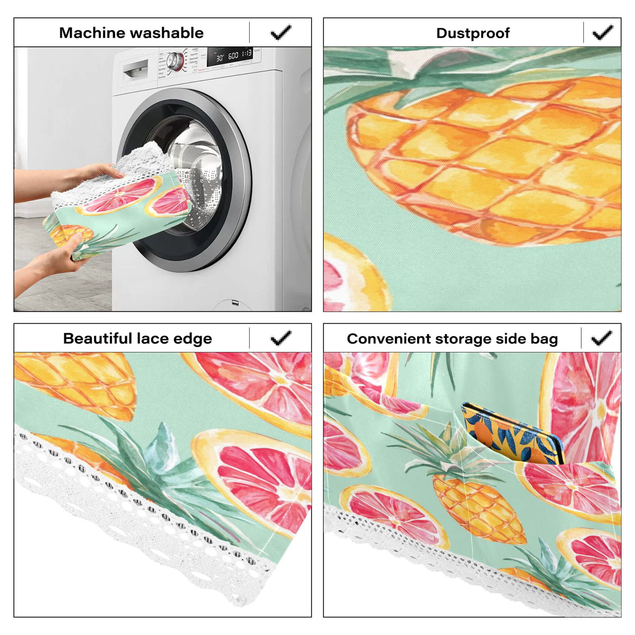 Washing Machine Cover 51.2x22in, Durable Polyester Dust Cover with Lace Trim and Side Pocket for Appliances Pineapple Blood Orange