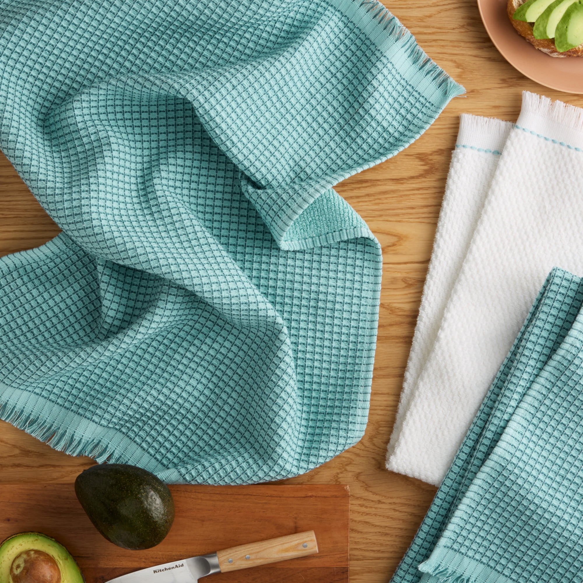 KITCHENAID Gourmet Series Gridlines Kitchen Towels 3-Pack Set, 100% Cotton Absorbent, Mineral Water Aqua, 18"x28"