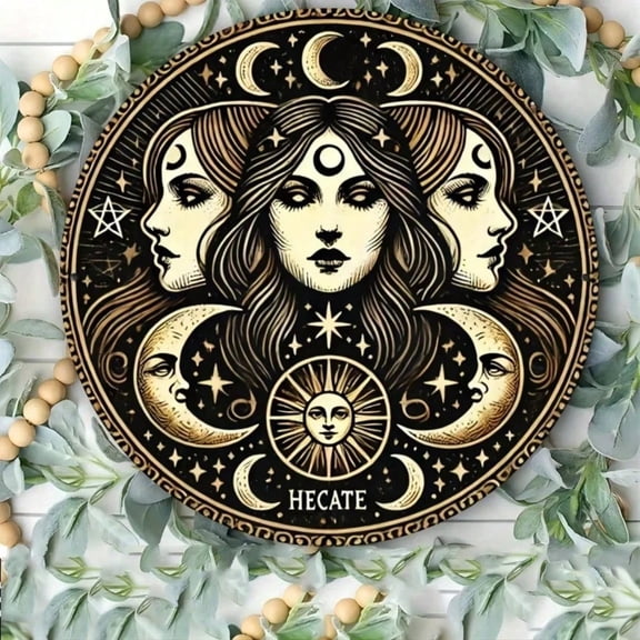 HELLOYOUNG Hecate Goddess Magic Foil Embossed Metal Plaque 7.8 Inch Antique Triple Moon Wall Decor for Porch Garden Outdoor Local Delivery