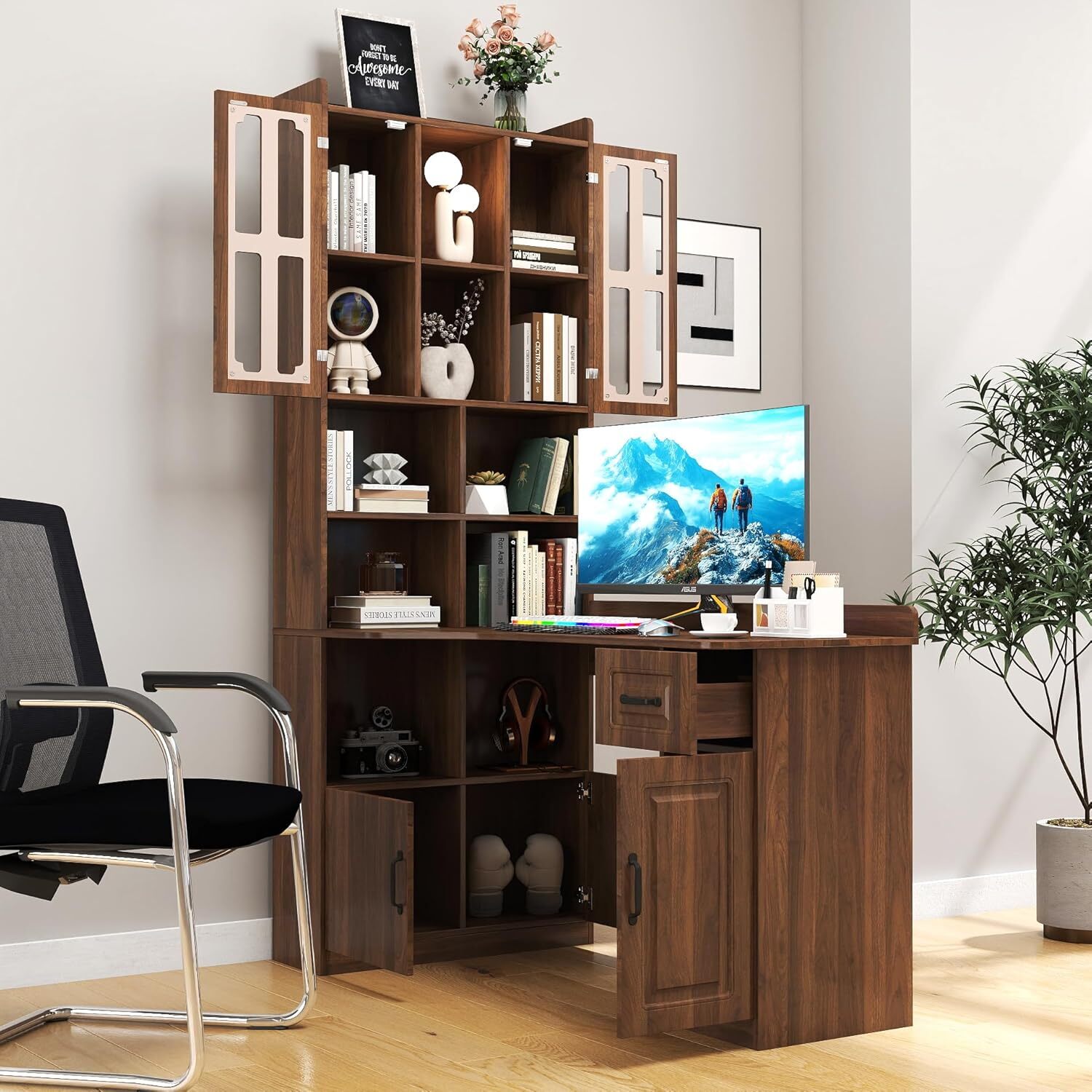 Modern L-Shaped Desk with Hutch & Bookshelf, Corner Home Office Desk with Drawers, 2-in-1 Design for Study, Executive Desk with Large Work Space, Ideal for Home Office & Study Room, Walnut