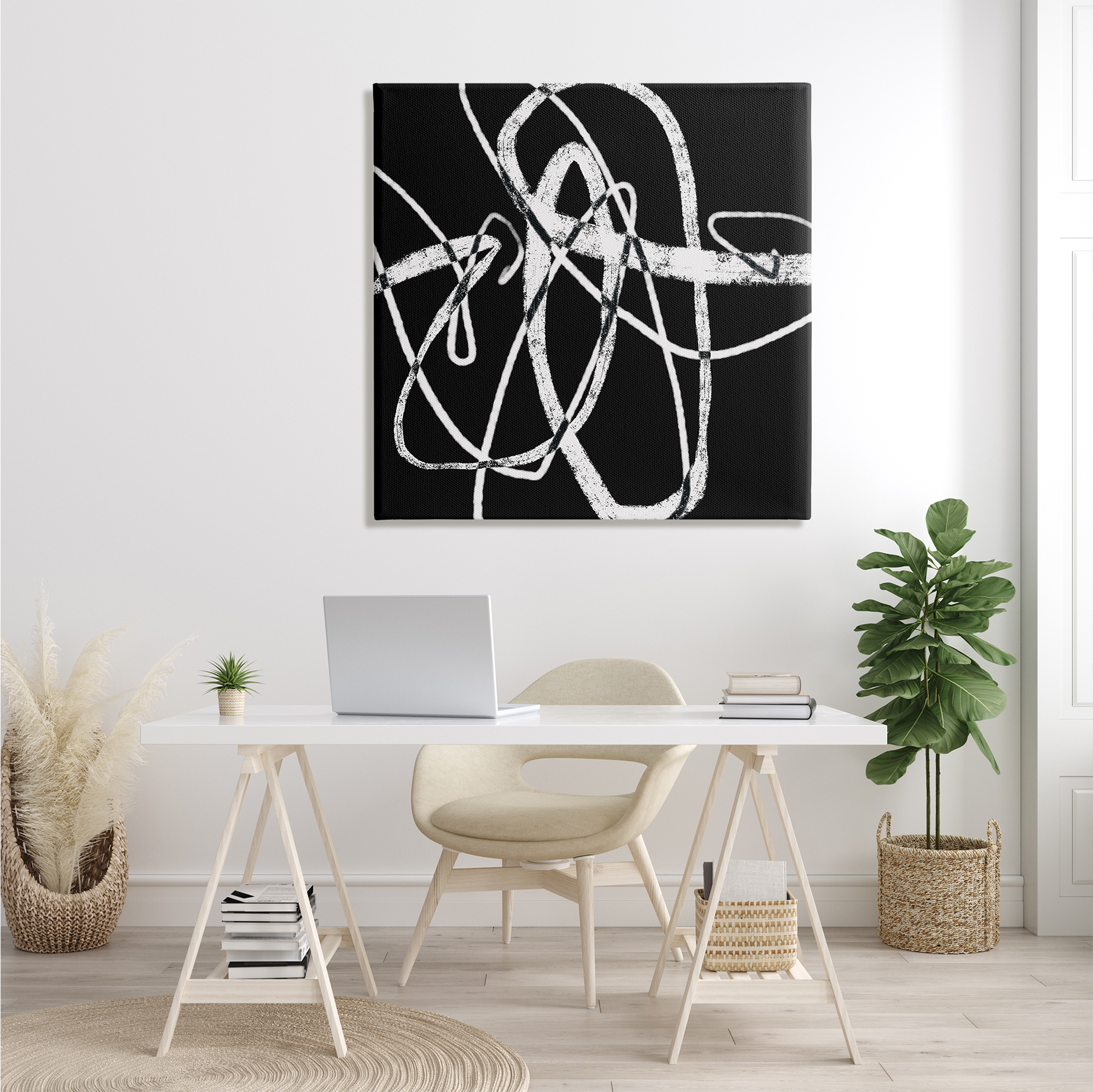 Stupell Industries Distressed Fluid White Lines on Black Abstraction, 36 x 36, Designed by Lisa Ridgers