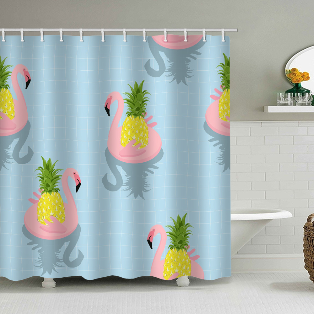 Pineapple Shower Curtain Set Fruits Float Wave Mesh Inflatable Flamingos Blue Background