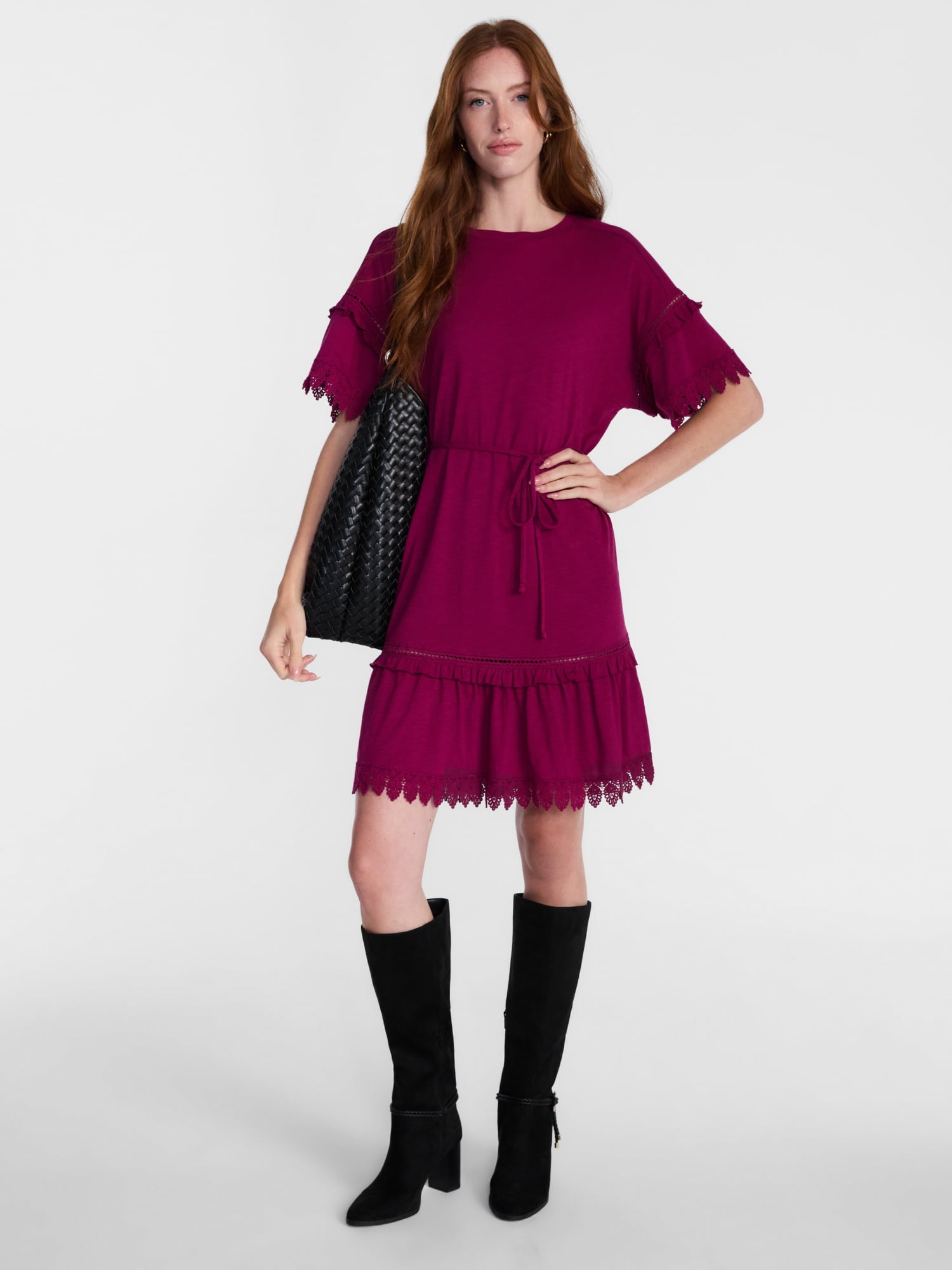 Scenario Women's Lace Trim Knit Dress with Short Sleeves, Sizes XS