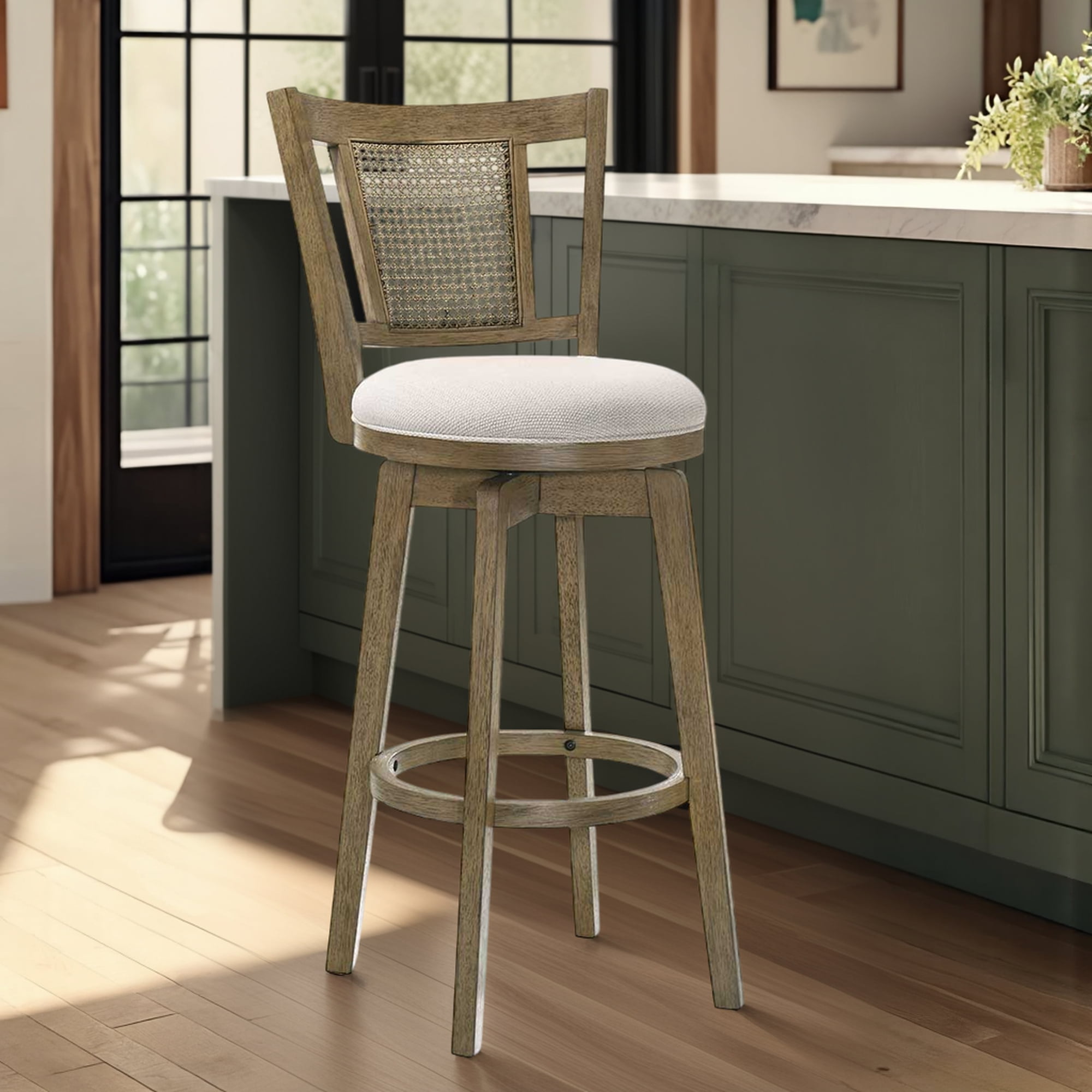 Armen living Isla 26 in. Putty Brown Counter Height Rubberwood Swivel Barstool with Cream Fabric Seat