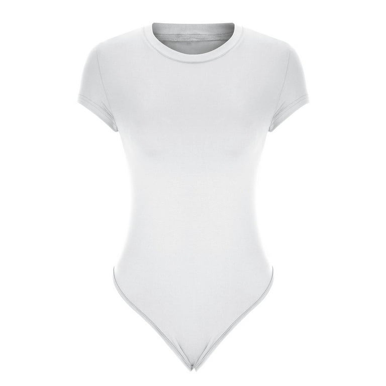 Bodysuit Casual Short Sleeve Solid Color Slim Fit Shapewear Bodysuit Comfy  Trendy Bodysuit Shirts for Women Elegant Fashion Jumpsuit for Women Workout Bodysuit  Tummy Control（White,L） 