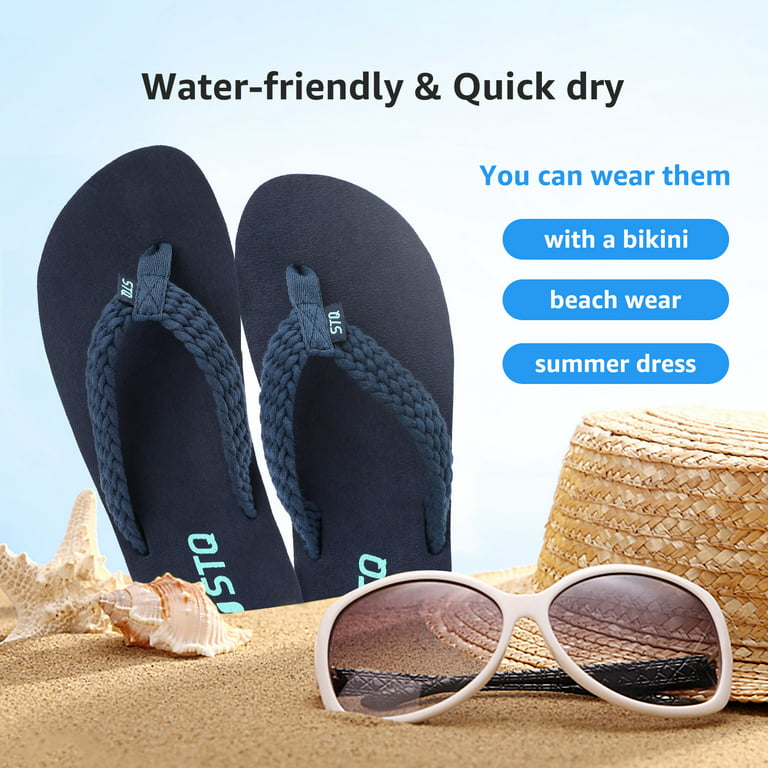 STQ Womens Flips Flops with Yoga Mat Quick Dry Thong Sandals for  Water,Shower,vacation Navy 9 US 