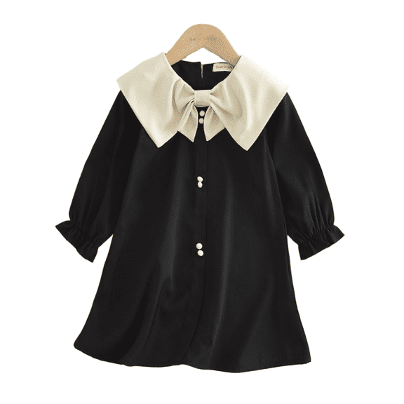 LYMAYTER Toddler Baby Girls Long Sleeve Dress Bow Collar Elegant Sweet Princess Daily Party Casual Outfit