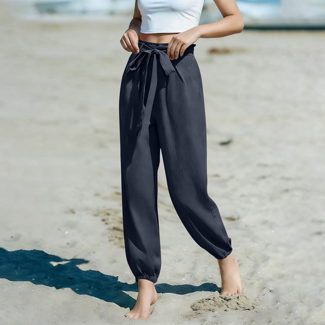TaTaai Women's Summer Linen Loose Ankle Cuffed Pants Elastic Drawstring Waist Solid Trousers with Side Pockets Comfy Casual Vacation Bottoms Gift