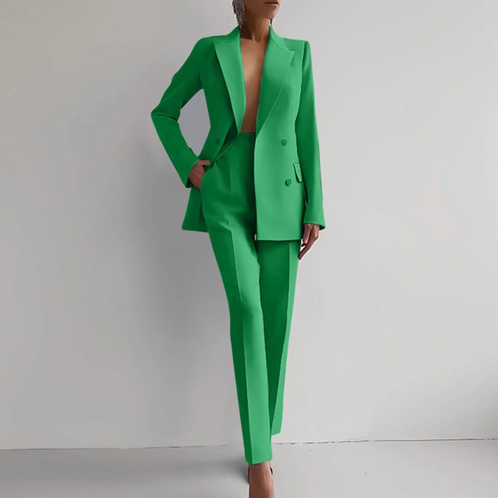 YUGYXL Womens 2 Piece Outfits Double Breasted Blazer and Straight Leg Work Pants Casual Blazer Set Dressy Business Office Suits Green XL