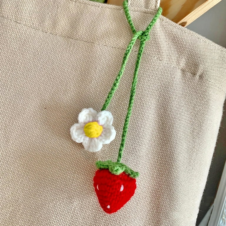 Fieldoo Feildoo Cute Strawberry Crochet Car Mirror Hanging Accessories Decor, Car Rearview Charms Decorations, Handmade Knitted Rear View Mirror Pendant