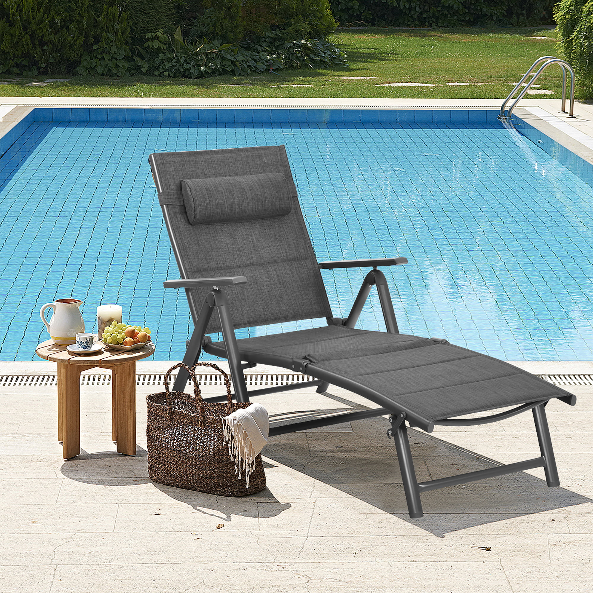 Outdoor Chaise Lounge Chair,Aluminum Adjustable Patio Recliner Chair w/5-Position Backrest Adjustment,Pool Reclining Chairs w/Removable Cushion & Pillow 