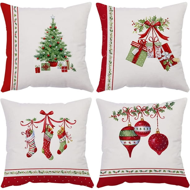 Juego de 4 fundas decorativas para cojines Feliz Navidad Vacaciones de invierno Navidad Fundas de almohada de terciopelo Árboles de Navidad Calcetines Fundas de cojines Sofá y decoración del hogar Fu JAMW Sencillez
