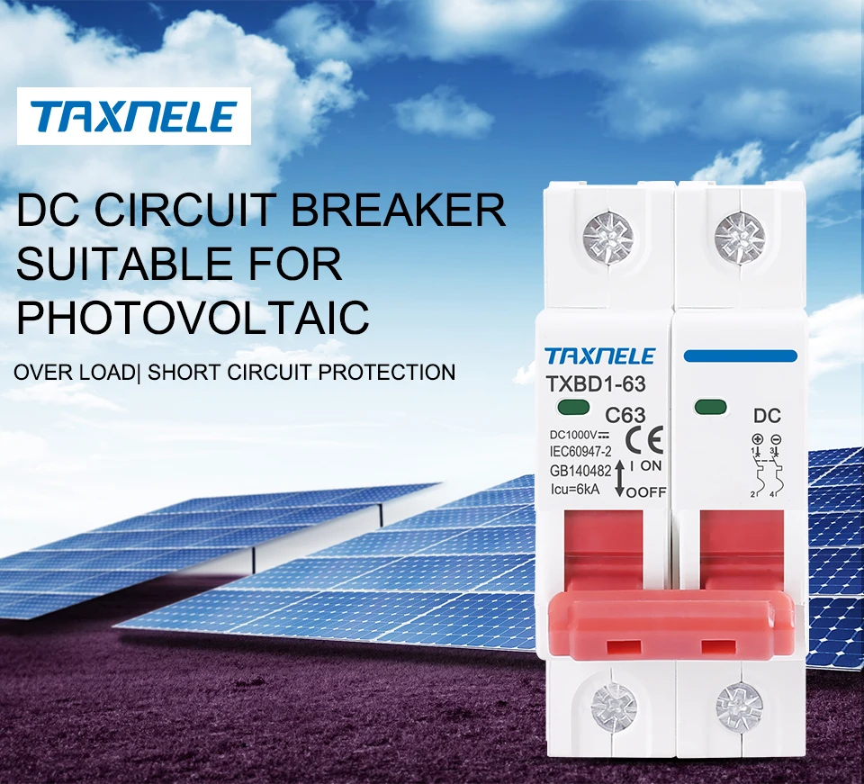 DC 1000V 2P Solar Mini DC Circuit Breaker Battery Switch 6A 10A 16A 20A 25A 32A 40A 50A 63A DC MCB for Photovoltaic PV System