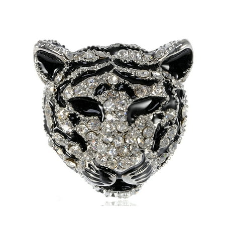 Emblem Crystal Rhinestone Black White Stripe Snow Tiger Feline Cat Head Brooch