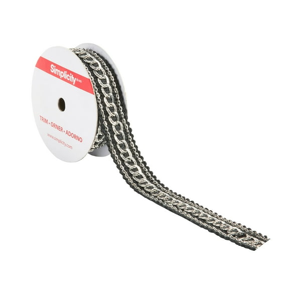 Simplicity Trim, Silver 7/8 inch Black Knit with Silver Chains Trim Great for Apparel, Home Decorating, and Crafts, 1 Yard, 1 Each