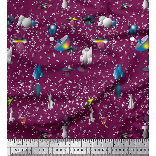Soimoi Cotton Voile Fabric Spaceship,Star & Satellite Cartoon Decor Fabric Printed Yard 56 Inch Wide