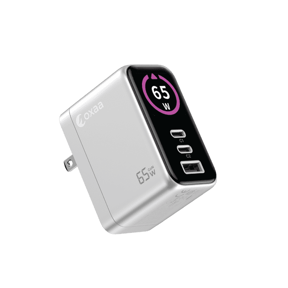 OXAA 65W GaN 3-Port USB Wall Charger with Digital Display – Dual USB-C PD & USB-A QC Fast Charging Block for Phones, Tablets & Laptops