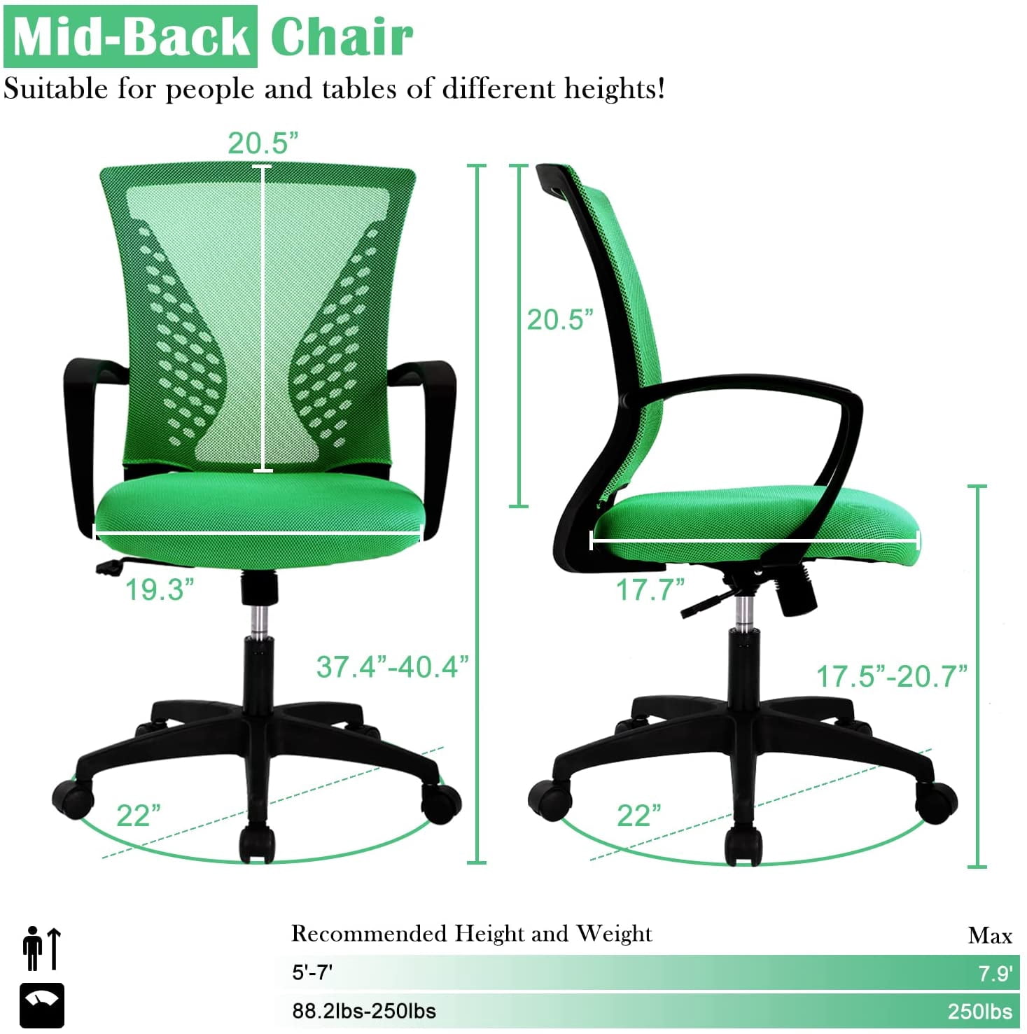 Home Office Chair Mesh Desk Chair w/Comfortable Seat Lumbar Support, Adjustable Mid Back Computer Chair Rolling Swivel Chair for Women Adult, Green
