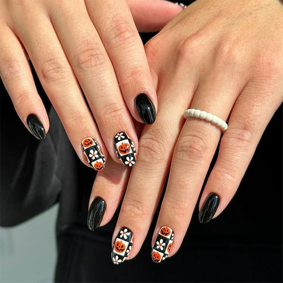 New Halloween Wearable Nail Art - Pumpkin and Flower Retro Style, 24 Pieces Detachable Nail Art Stickers