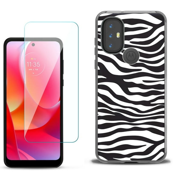 Slim-Fit Gel TPU Phone Case for Motorola Moto G Power 2022, with Tempered Glass Screen Protector, by OneToughShield ® - Zebra B/W