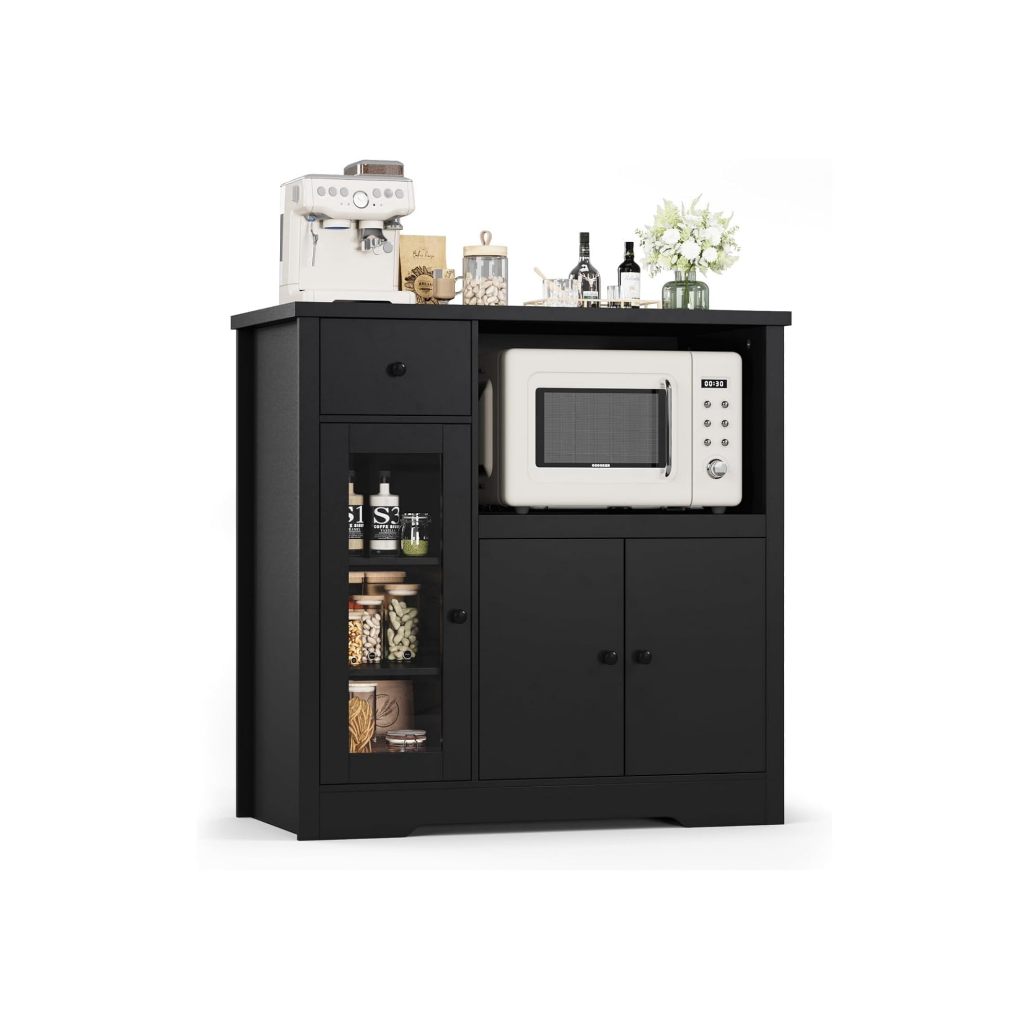 Home Kitchen Microwave Cabinets with Storage, Buffet Cabinet Sideboard with 3 Doors,1 Drawer and Adjustable Shelves, Pantry Storage Cabinet for Kitchen, Dining Room, Living Room, Hallway