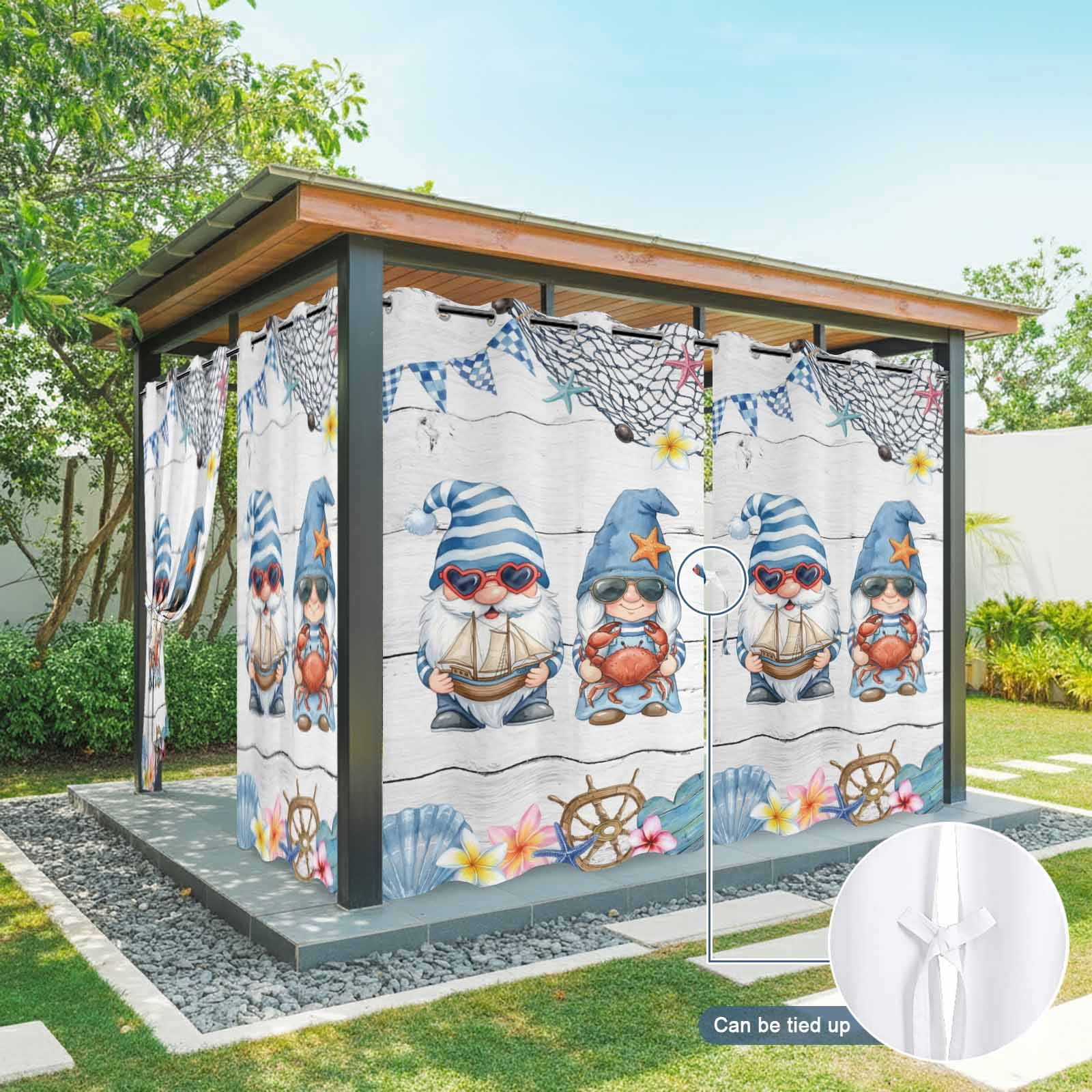 Ocean Gnome Outdoor Curtains for Patio, Nautical Shell Sea Star Flag Flower White Wood Grain Sunshade Privacy Drapes Grommet Waterproof Outside Curtains for Porch/Cabana/Balcony 54"x 108", 1 Panel
