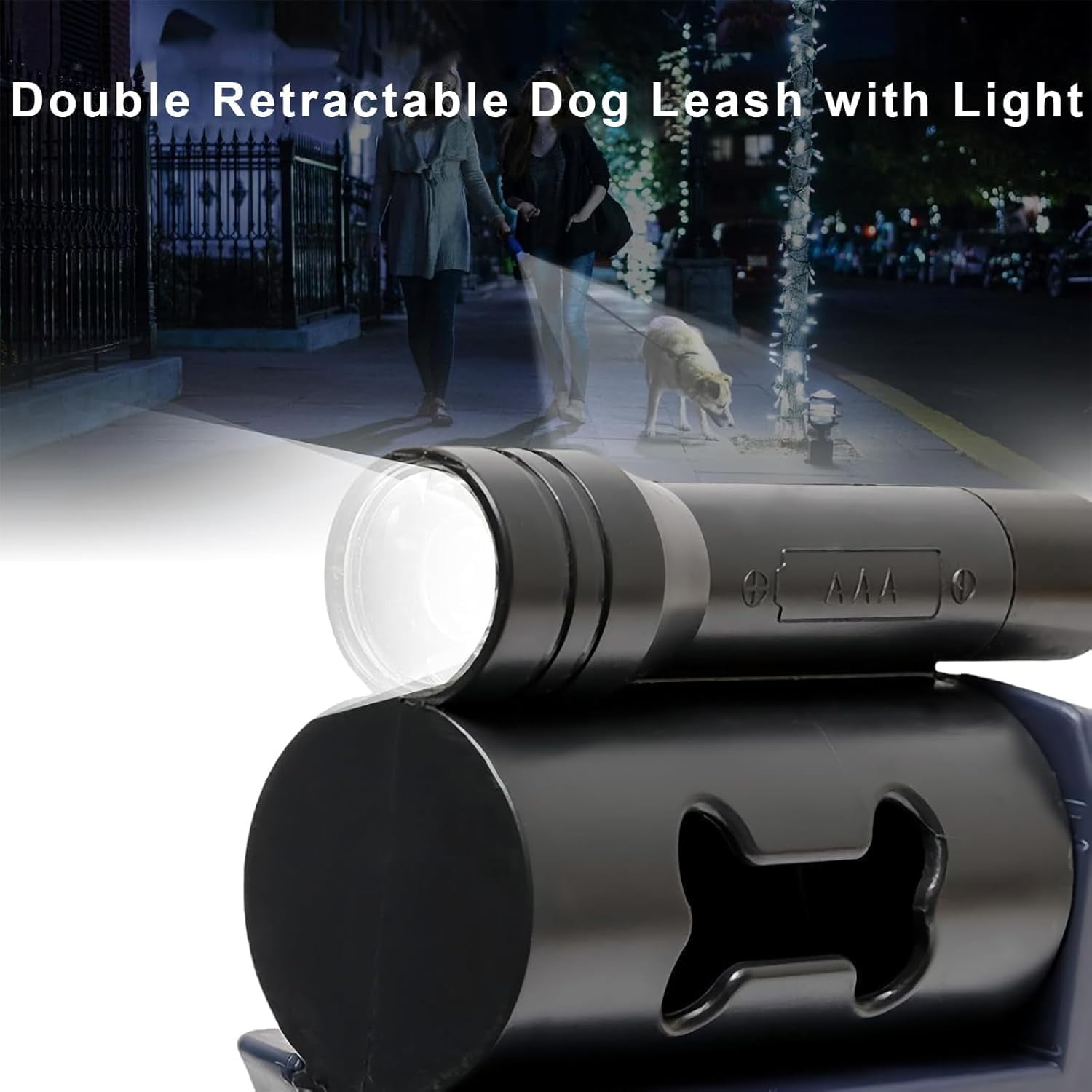 Dual Dog Retractable Leash – 2-in-1 Hands-Free Leash with Flashlight & Poop Bag Holder, 360° Rotating for Small to Large Dogs-dh