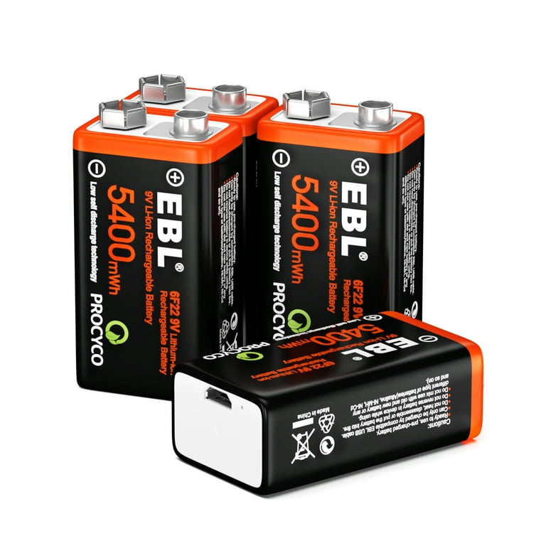 EBL 4-Pack 9V Batteries Li-ion 9 Volt Rechargeable Batteries with