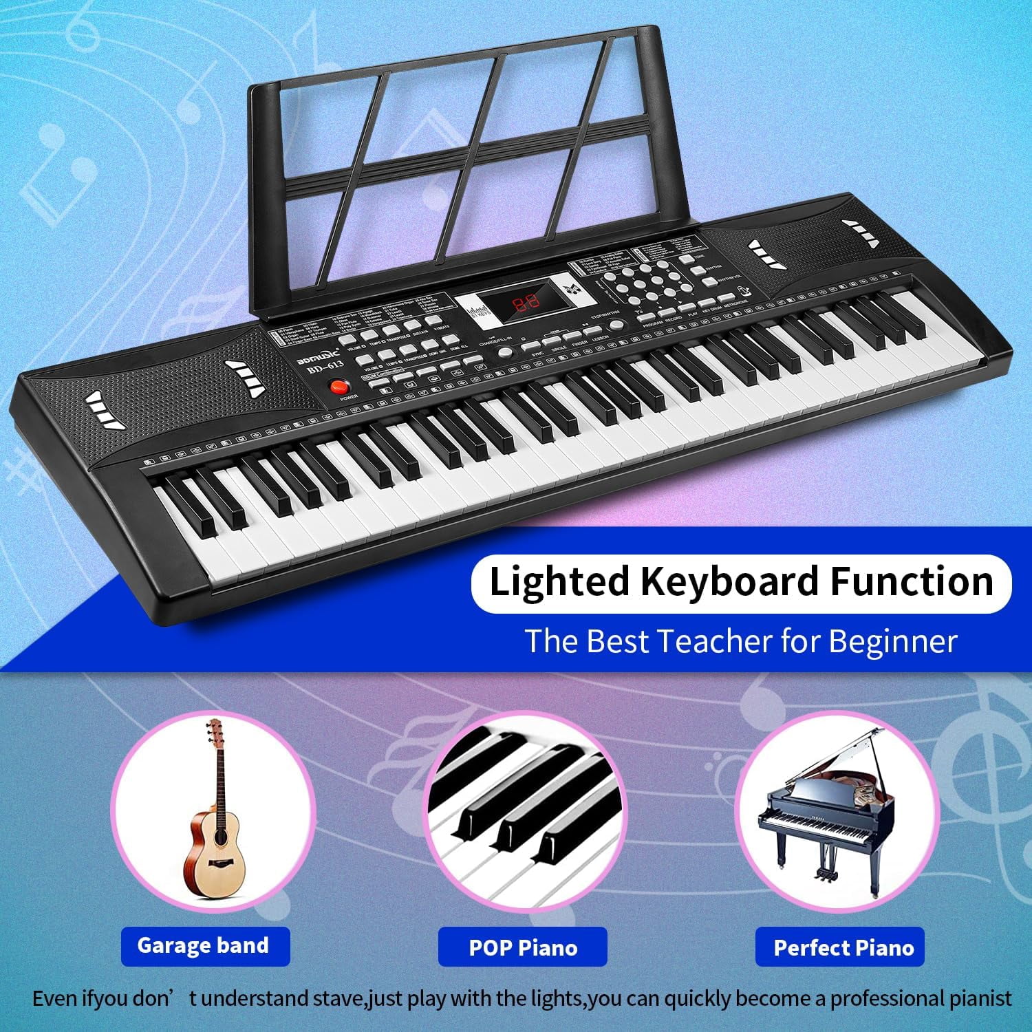 61 Keys Electronic Digital Piano with Microphone, Portable Keyboard for Beginners