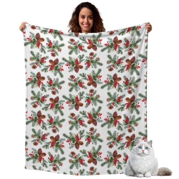 Throw Blanket for Couch, Christmas Brown Sandpins Soft Cozy Warm Flannel Blanket 30x40in, Watercolor Red Fruit Lightweight Fleece Throw Blankets for Sofa Bedroom Office All Season Use