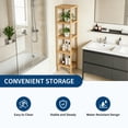 thumbnail image 3 of Multifunctional Bamboo Storage Shelf with Slatted Shelves Standing Towel Rack, 5 Tier Shelving Unit Corner Rack for Bathroom Entryway Bedroom Kitchen Living Room Balcony, 3 of 7