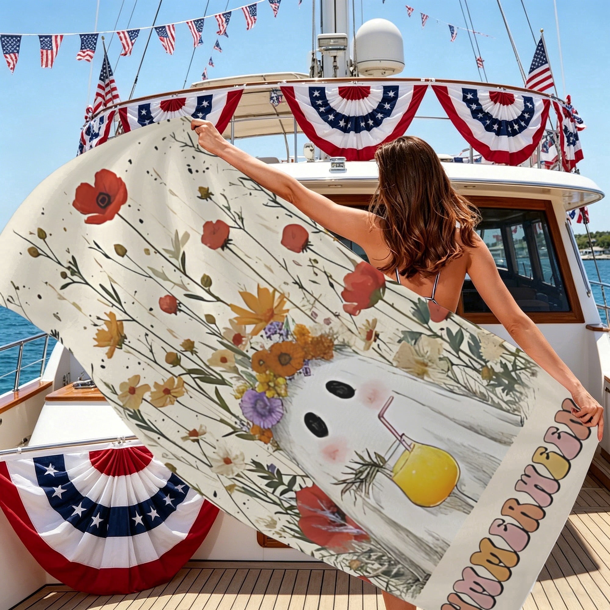 Cute Summerween Ghost Beach Towel, Wildflower Background with Poppies, Spooky Summer Vibes Pool Towel, Floral Gothic Bath Towel for Pool, Beach, 31"x71"
