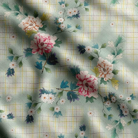Soimoi Chinese Floral Print, Silk Fabric, Decor Sewing Fabric by The Yard 42 Inch Wide,Decorative Fabric for Shirts Suits Ties, Dusty Teal Green