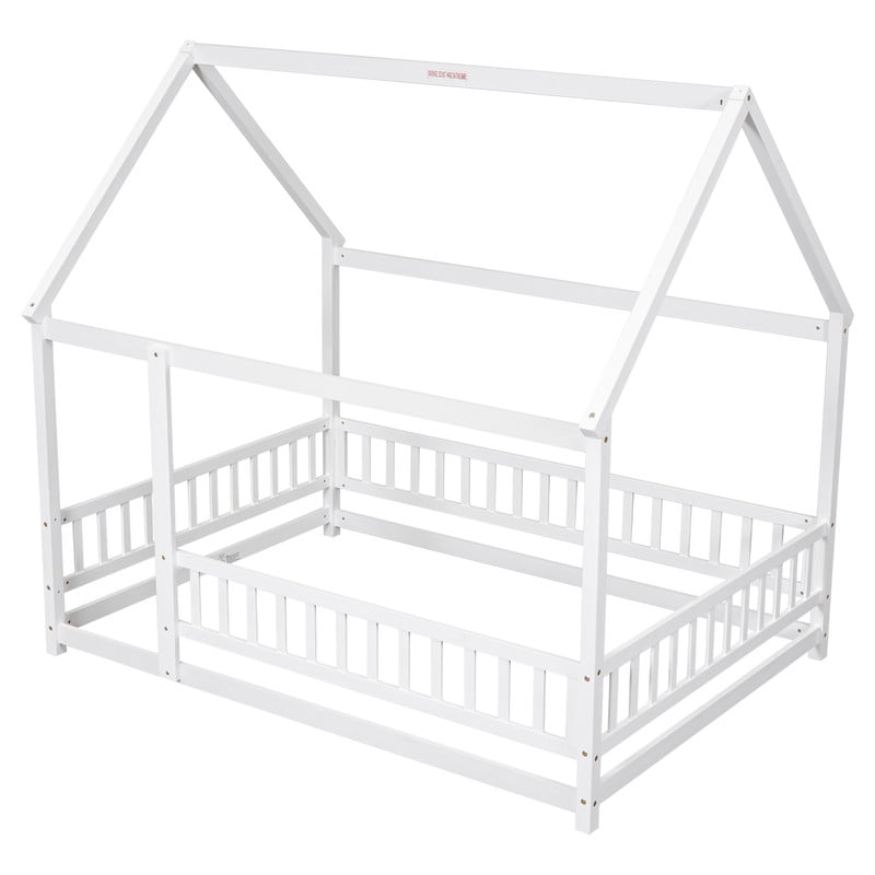Full Size House Floor Bed Frame,Wooden Montessori Floor Bed with Fence , White