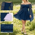 thumbnail image 4 of Yertdoel Off The Shoulder Dresses for Women Elegant Solid Long Sleeve Fitted Waist Chiffon Dress Party Vacation Stylish Casual Flowy Dress, 4 of 9
